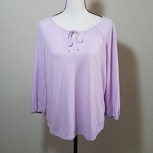 Talbots Womens Tops Medium Pink Shirt 3/4 Sleeve Linen Solid Scoop Neck Tie